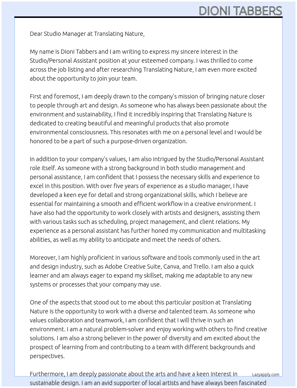 Studio / Personal Assistant At translating nature Cover Letter
