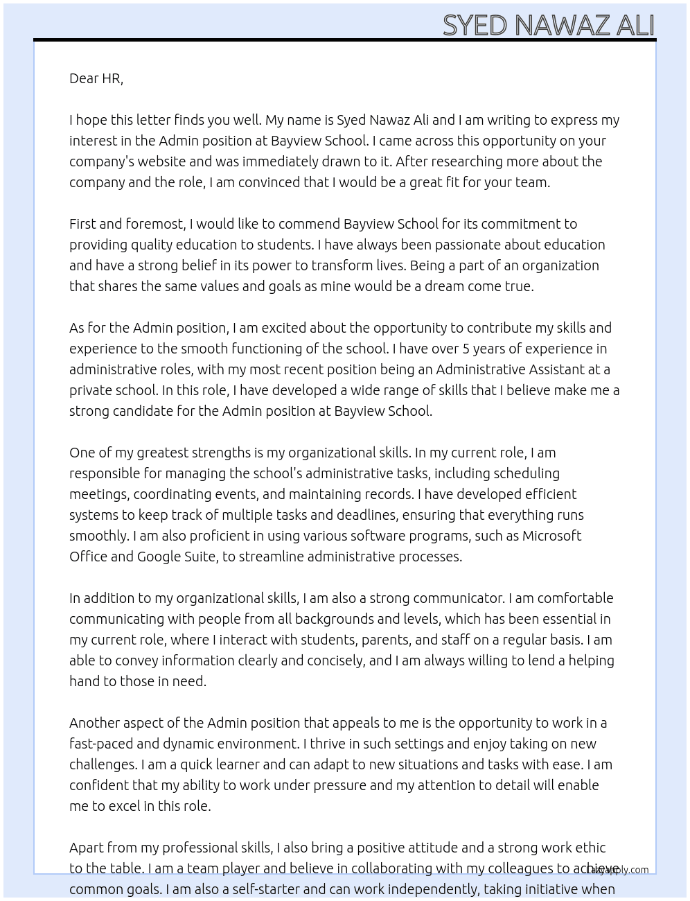 Admin At Bayview School Cover Letter