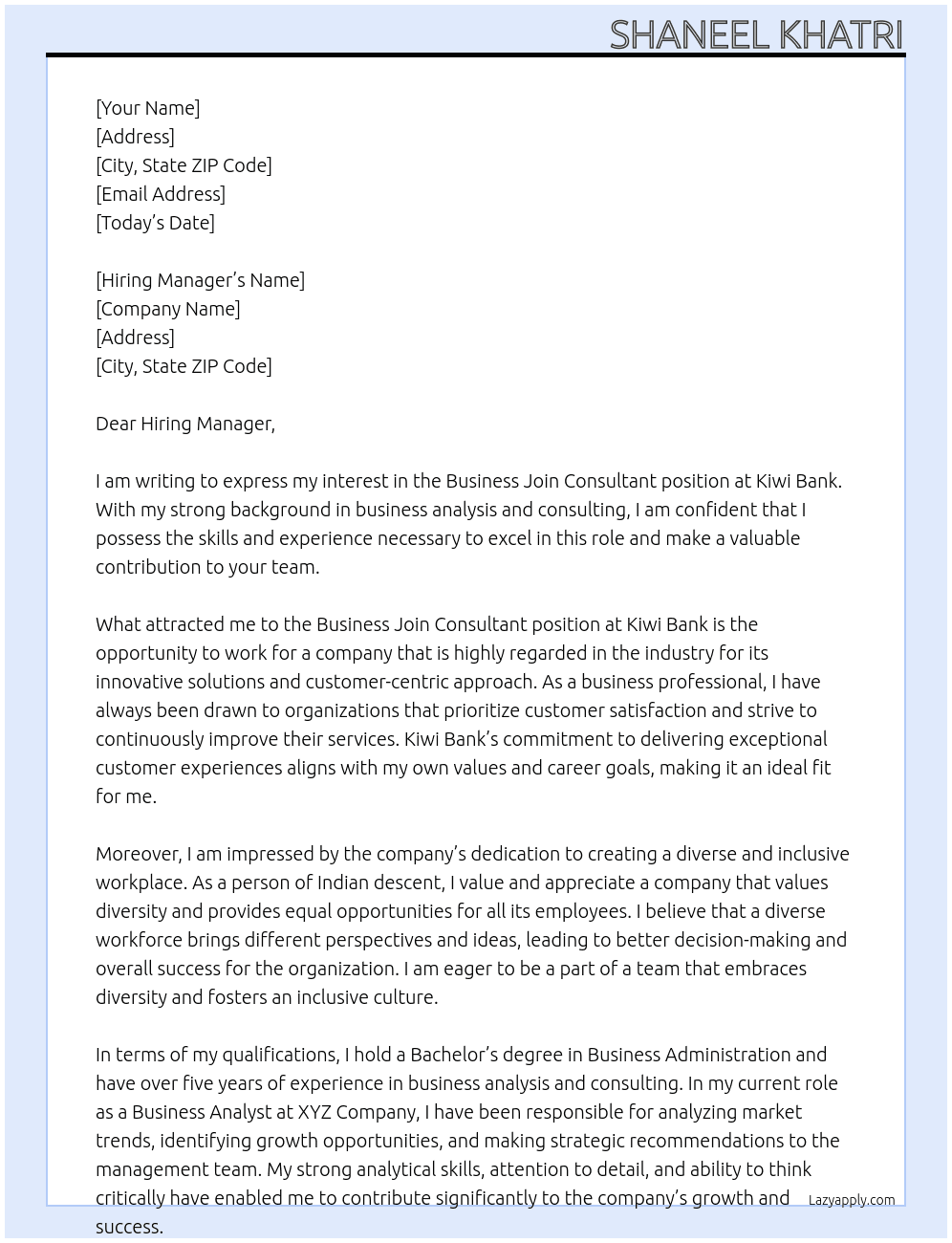 Business Join Consultant At Kiwi Bank Cover Letter