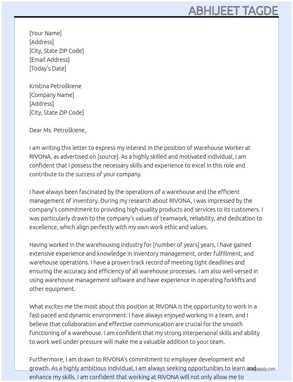 Warehouse worker At RIVONA Cover Letter