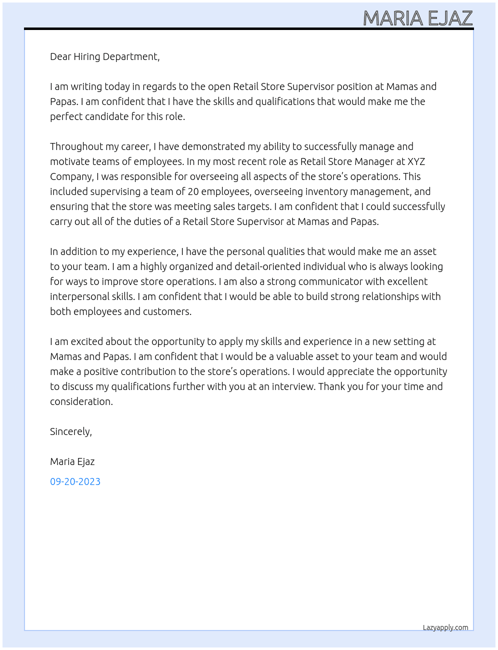 Retail store supervisor  At Mamas and papas Cover Letter