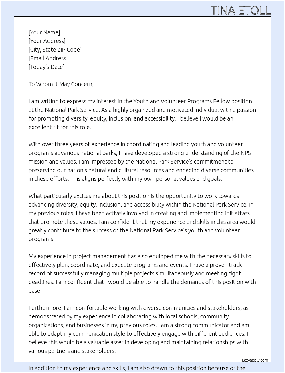 Youth and Volunteer Programs Fellow At National Park Service Cover Letter