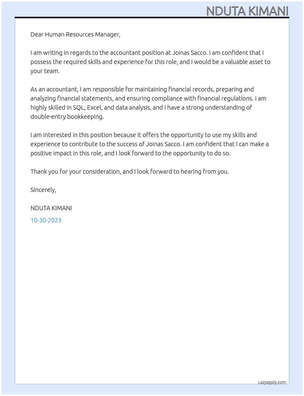 accountant At  joinas sacco Cover Letter