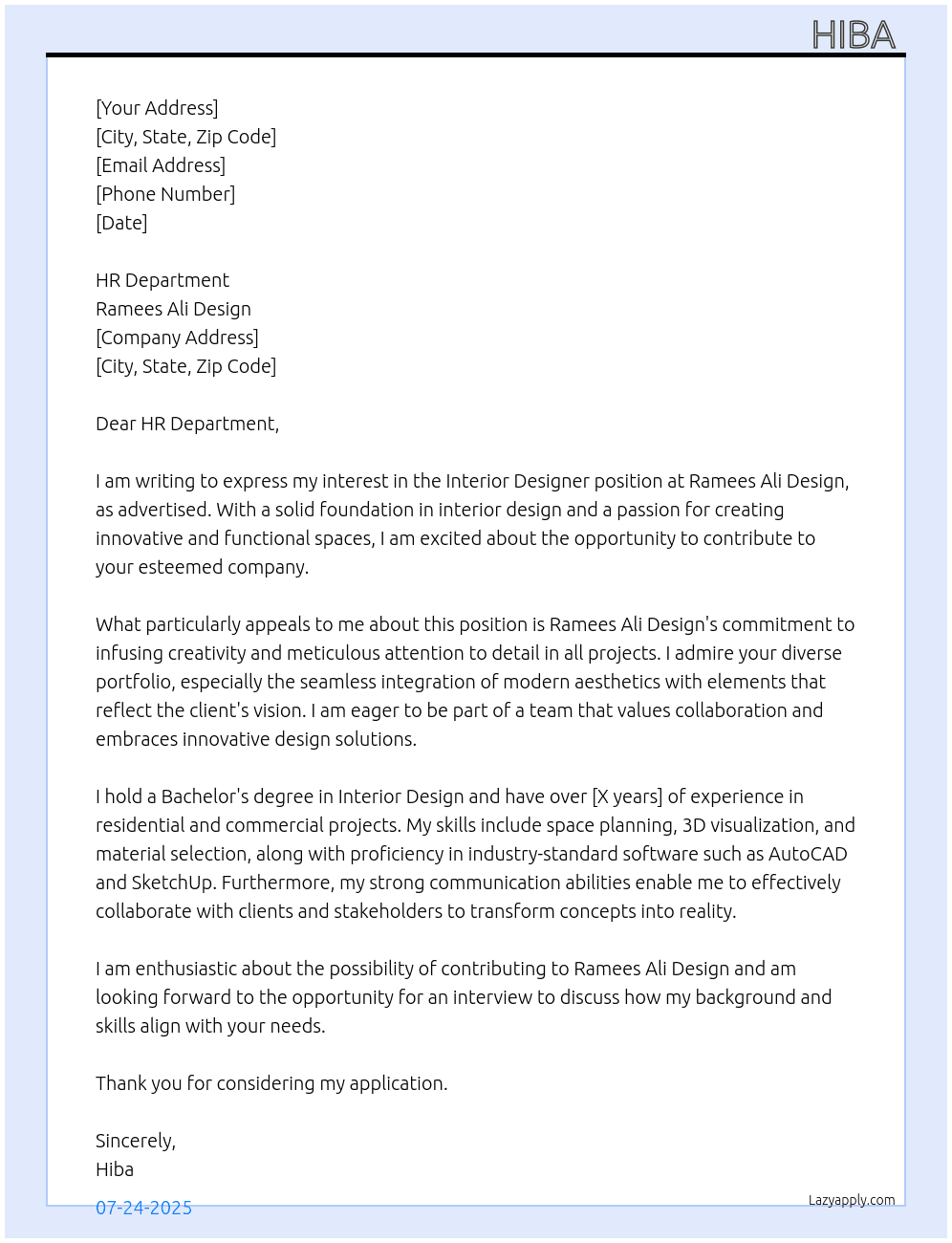 INTERIOR DESIGNER At RAMEES ALI DESIGN Cover Letter