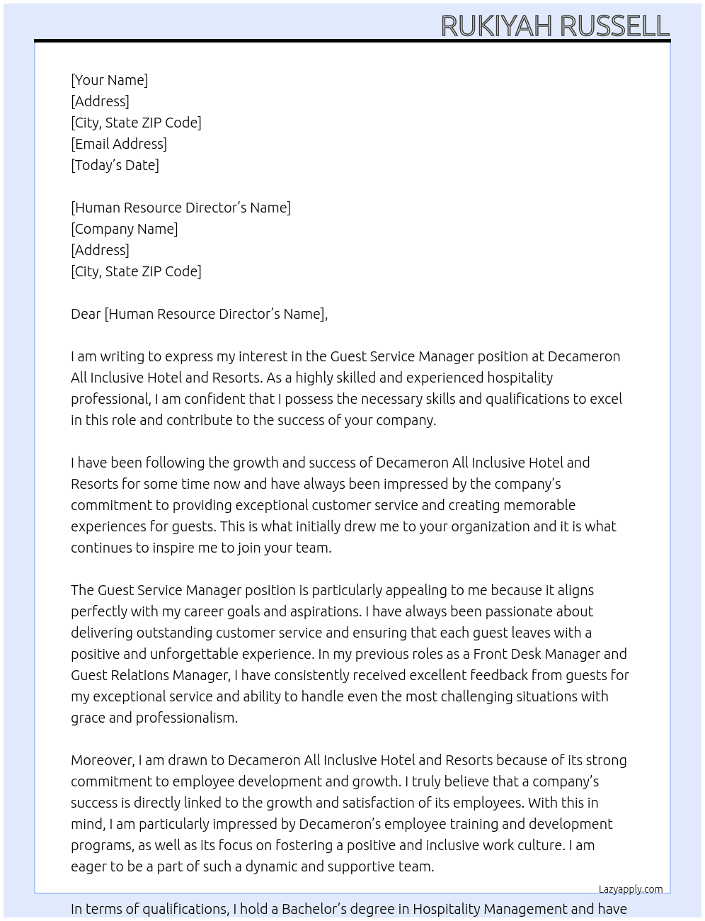 Guest Service Manager At Decameron All Inclusive Hotel and Resorts Cover Letter