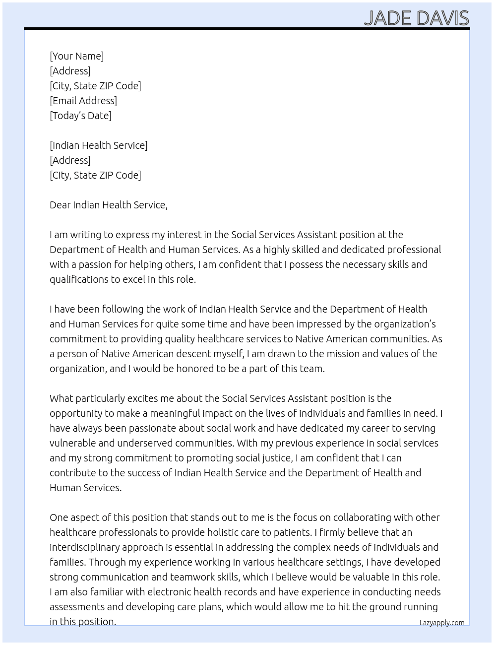 Social Services Assistant At DEPARTMENT OF HEALTH AND HUMAN SERVICES Cover Letter