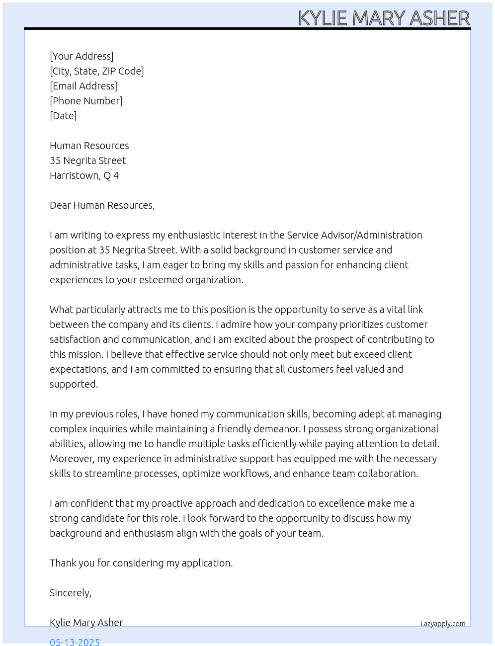 Service Advisor /  Administration At 35 NEGRITA STREET HARRISTOWN Q 4 Cover Letter
