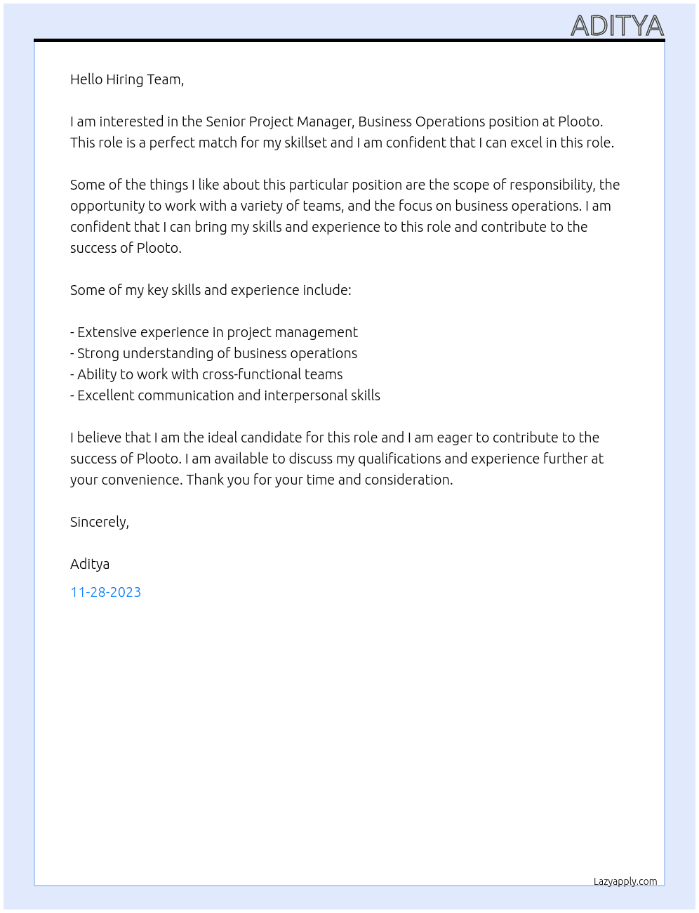 Senior Project Manager, Business Operations At Plooto Cover Letter