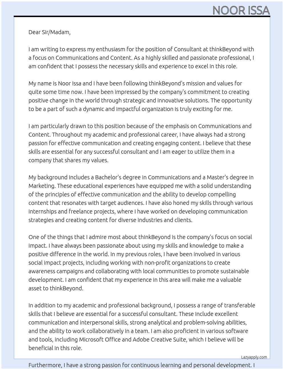 Consultant, thinkBeyond – Communications and Content focus At thinkBeyond Cover Letter