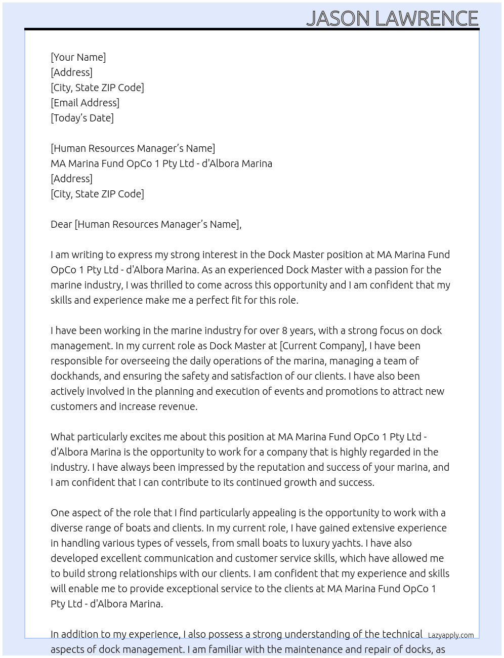 Dock Master At MA Marina Fund OpCo 1 Pty Ltd - d'Albora Marina Cover Letter