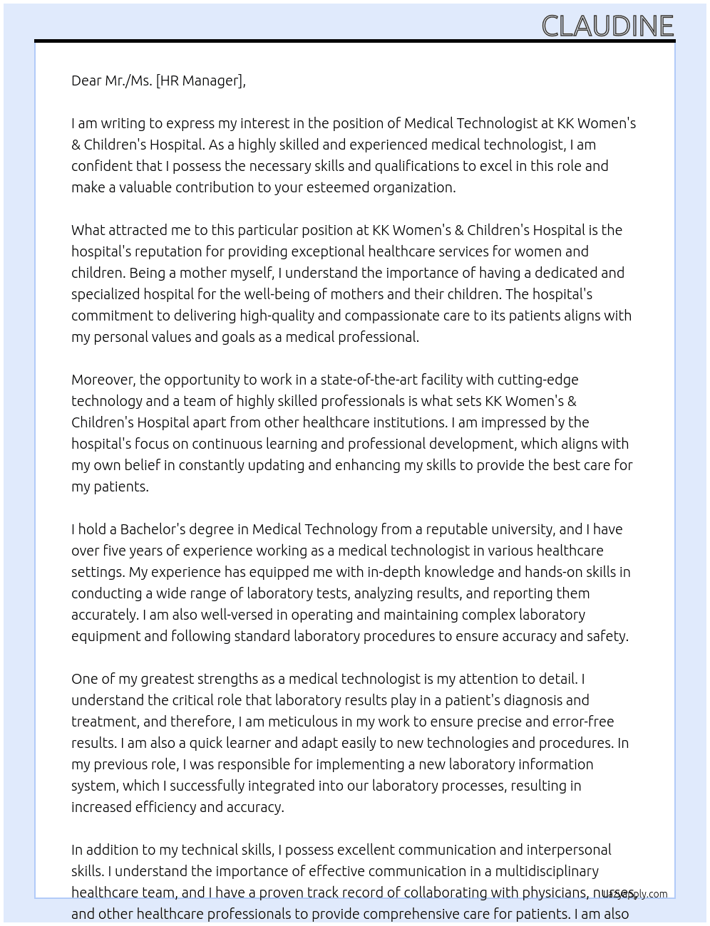 Medical Technologist At KK Women's & Children's Hospital Cover Letter