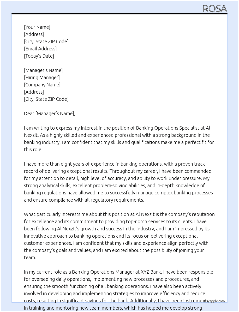 BANKING OPERATIONS SPECIALIST At AL NEXZIT Cover Letter