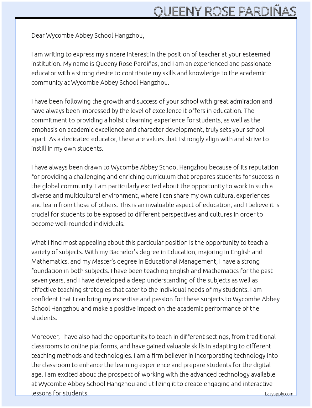teacher At Wycombe Abbey School Hangzhou Cover Letter