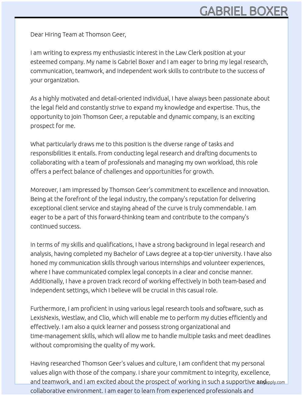 Law Clerk At Thomson Geer Cover Letter