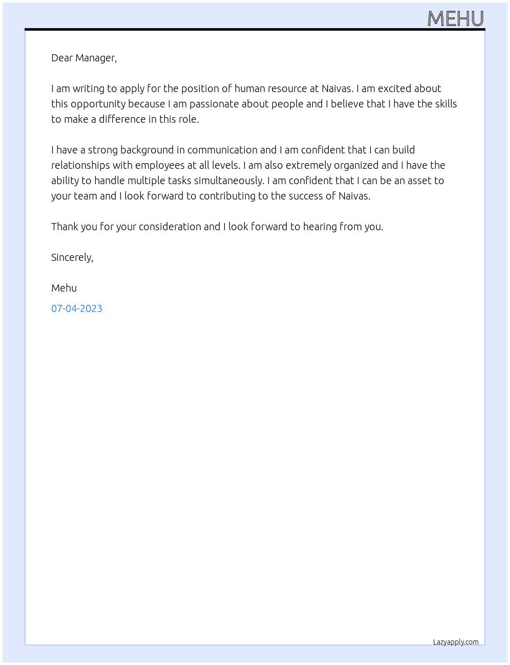 human resource At naivas Cover Letter
