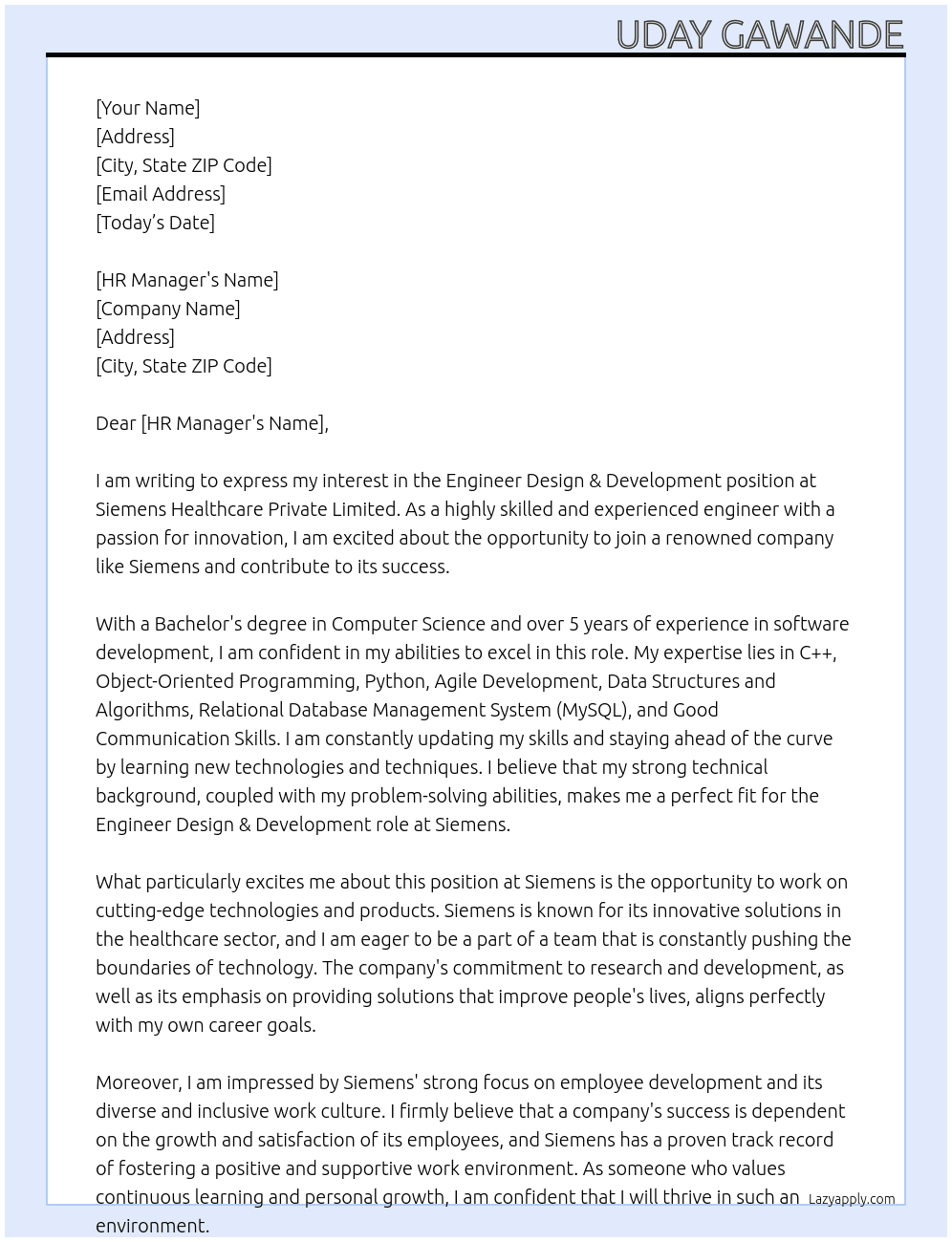 Engineer Design & Development At Siemens Healthcare Private Limited Cover Letter