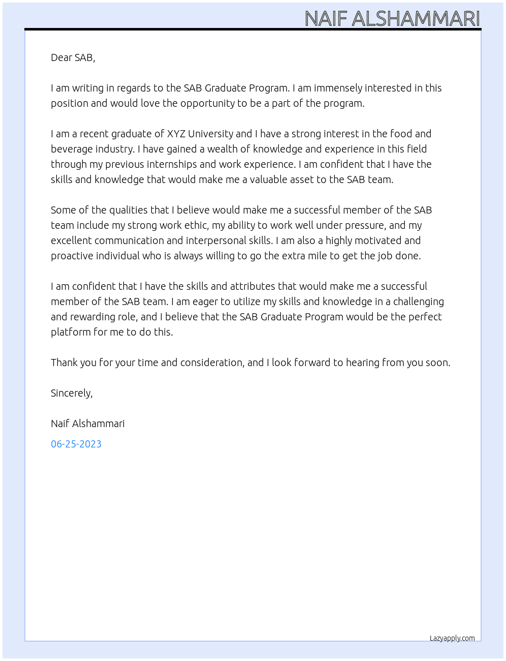 SAB Graudate Program At SAB Cover Letter