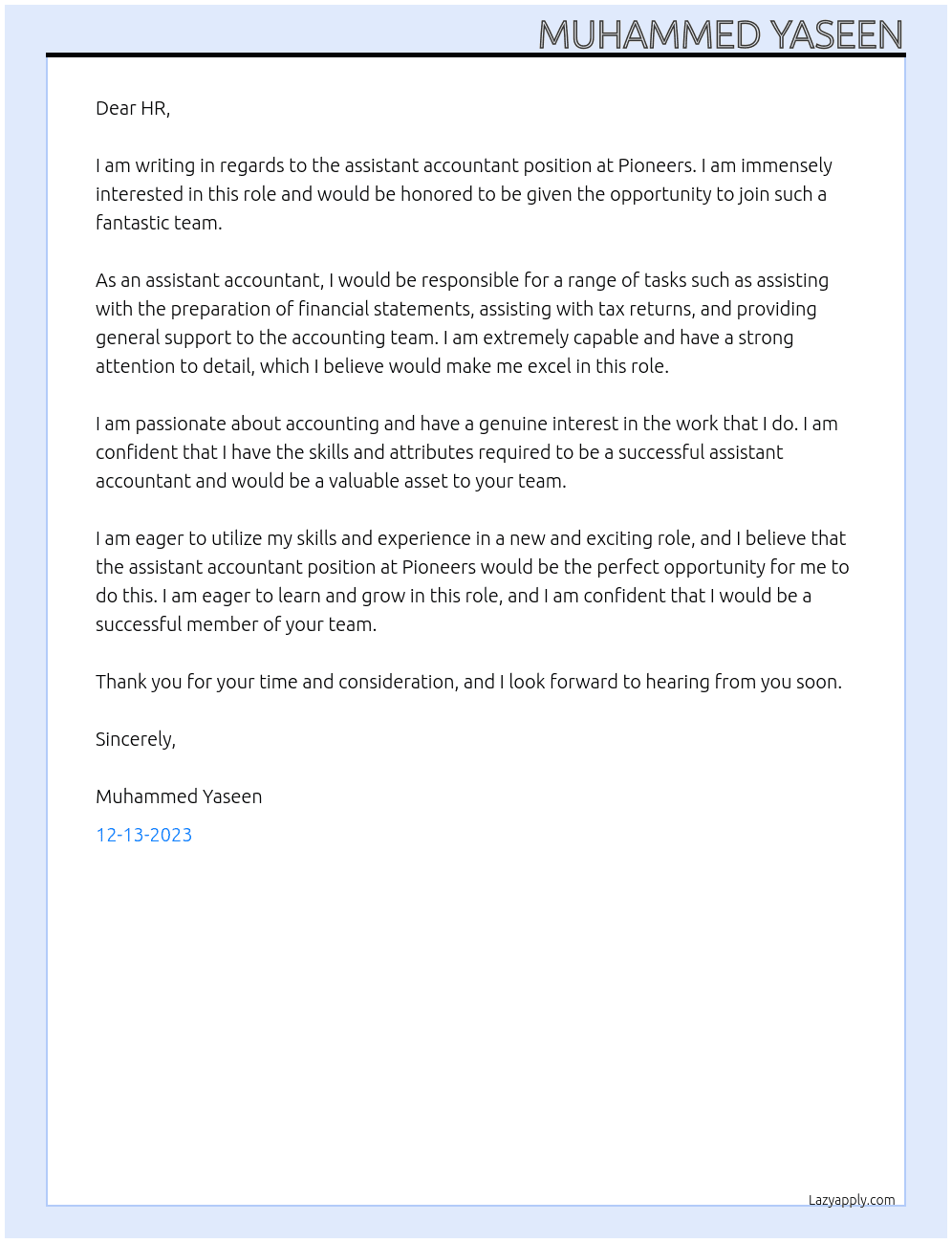 Assistant Accountant At Pioneers Cover Letter