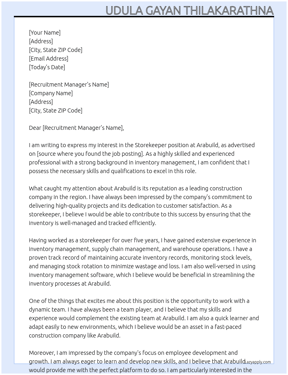 storekeeper At Arabuild Cover Letter
