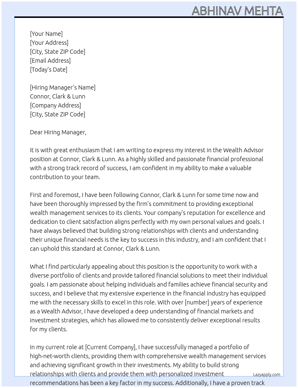 Wealth Advisor  At Connor Clark and Lunn Cover Letter