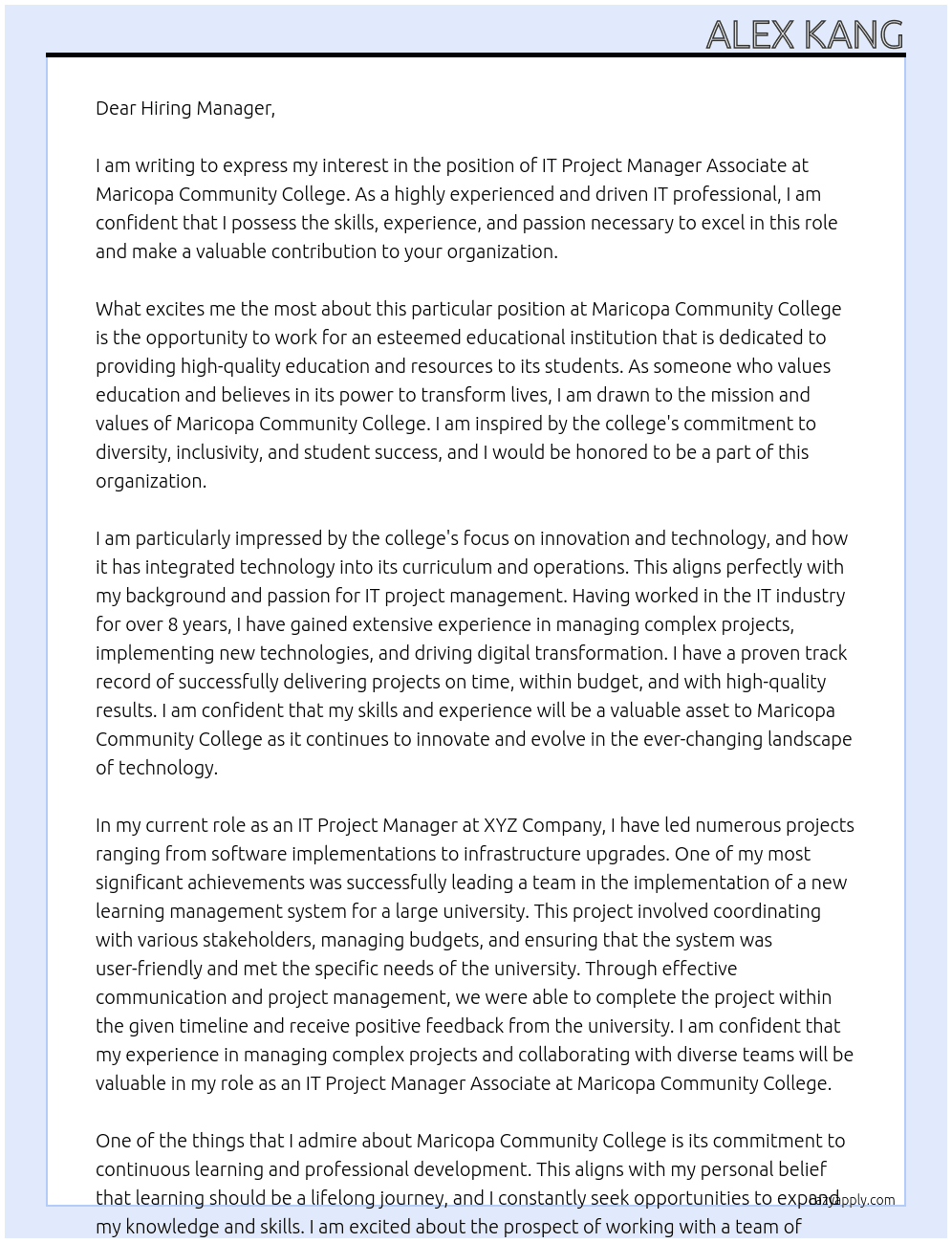 IT Project Manager Associate At Maricopa Community College Cover Letter