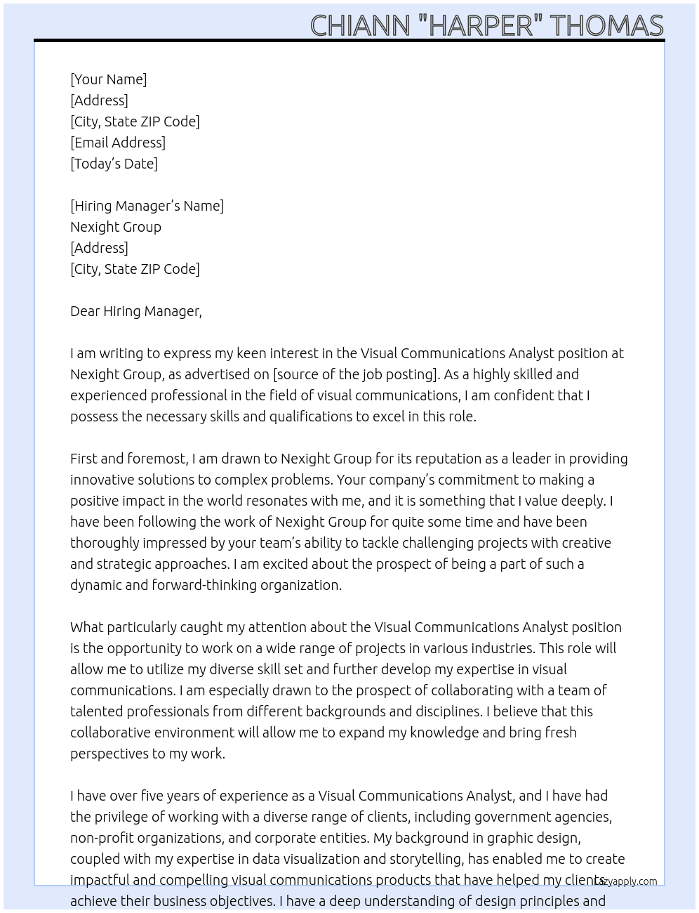 Visual Communications Analyst At Nexight Group Cover Letter