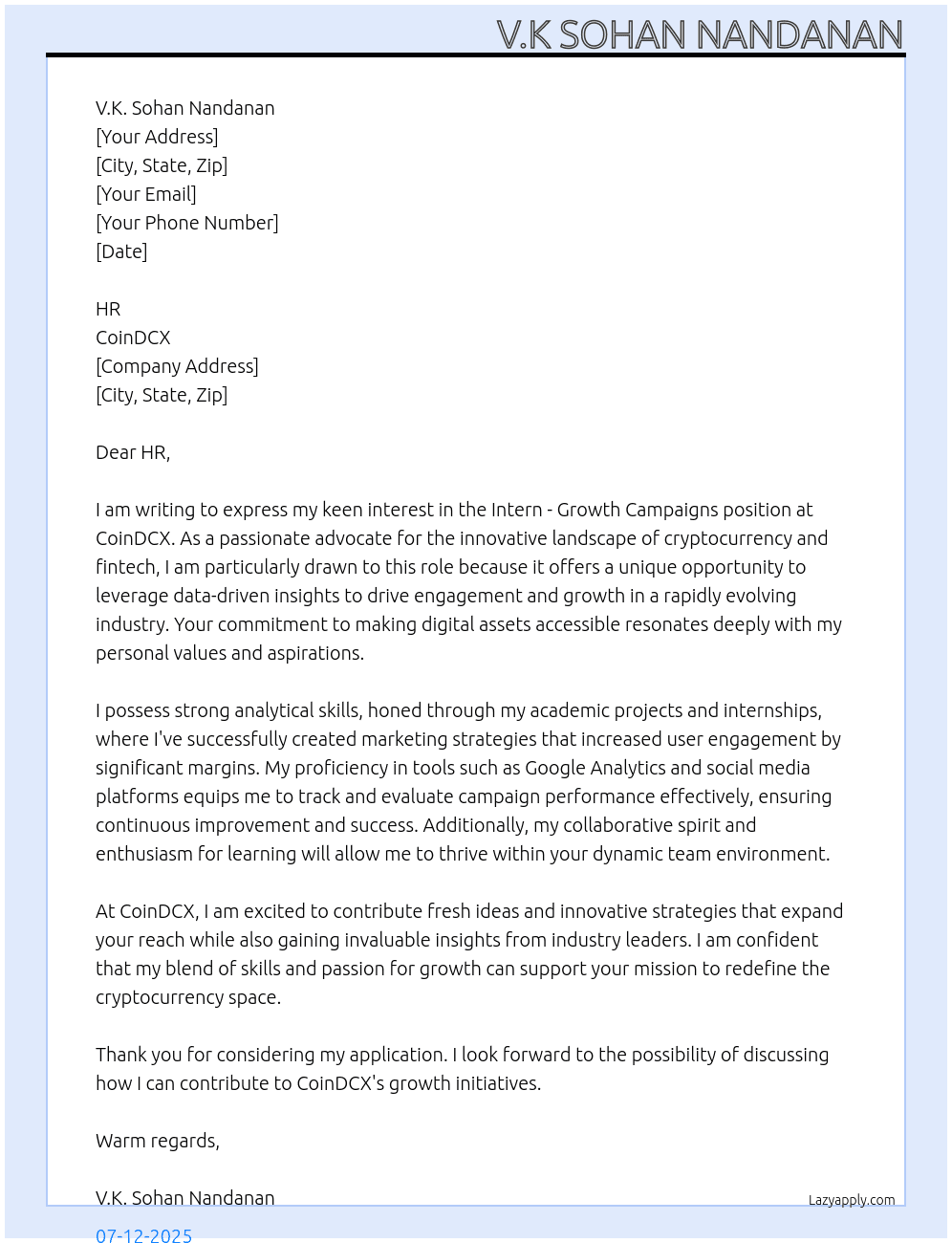 Intern - Growth Campaigns   At CoinDCX Cover Letter