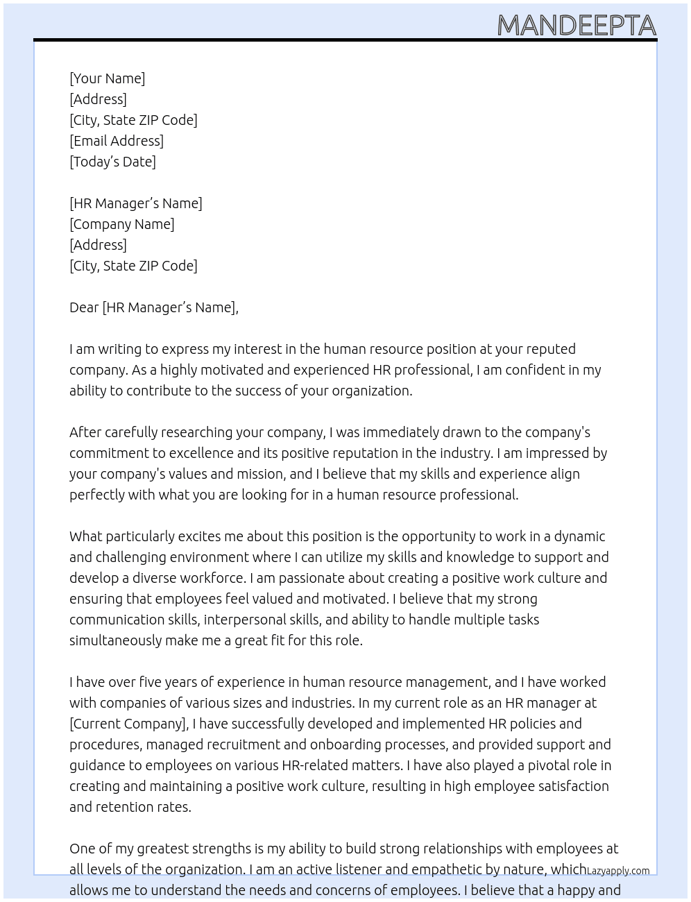 human resource At reputed Cover Letter