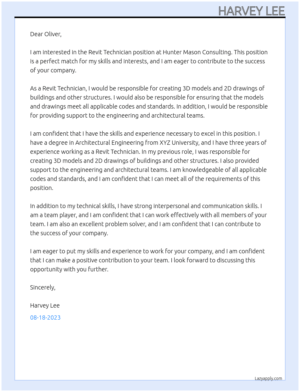 Revit Technician At Hunter Mason Consulting Cover Letter