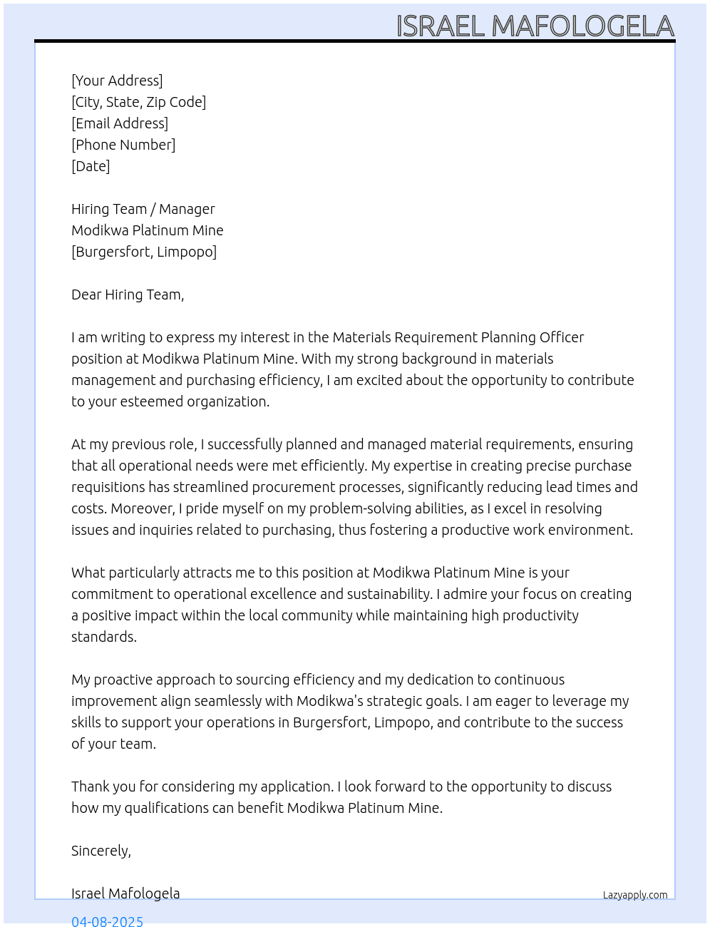 Materials Requirement Planning Officer At Modikwa Platinum Mine Cover Letter