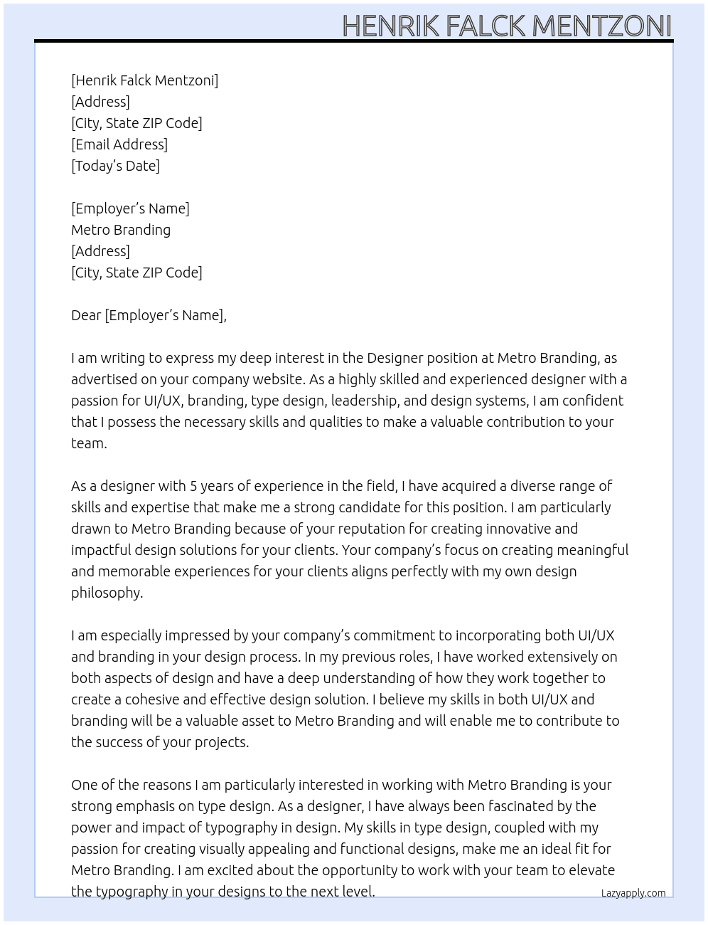 Designer At Metro Branding Cover Letter