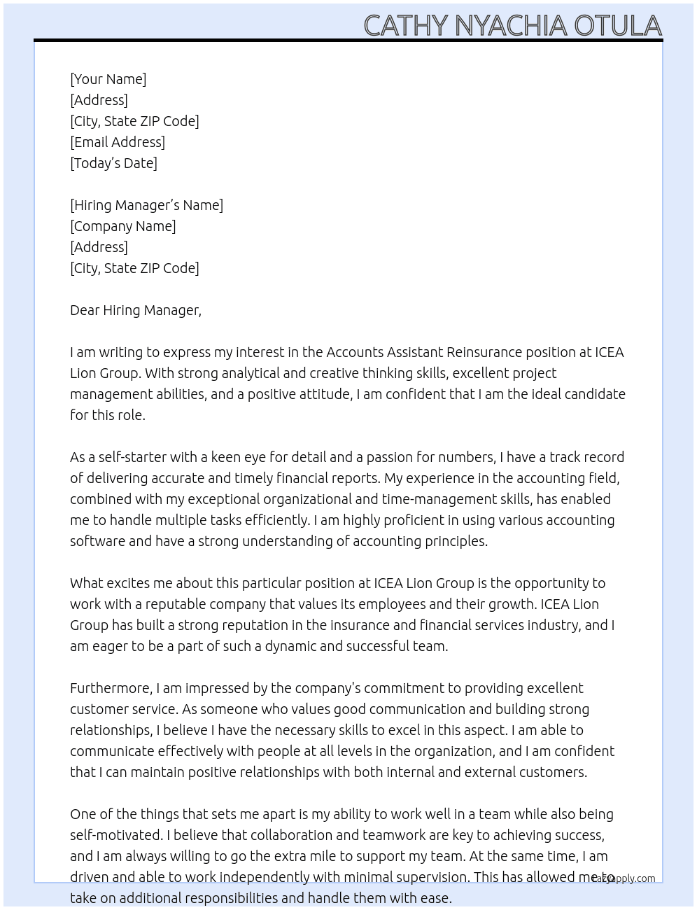 Accounts assistant reinsurance At ICEA lion group Cover Letter