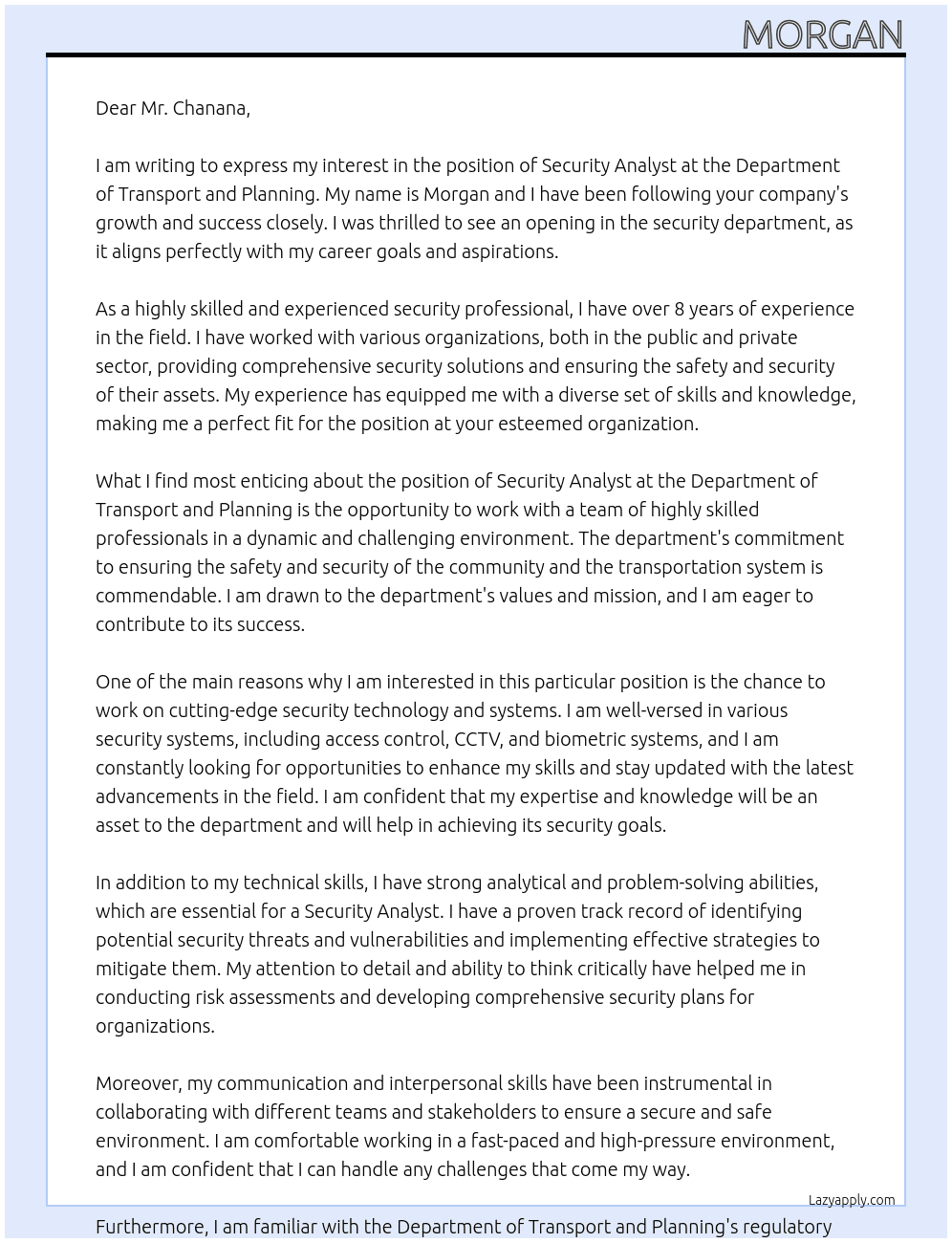 security analyst At department of transport and planning Cover Letter