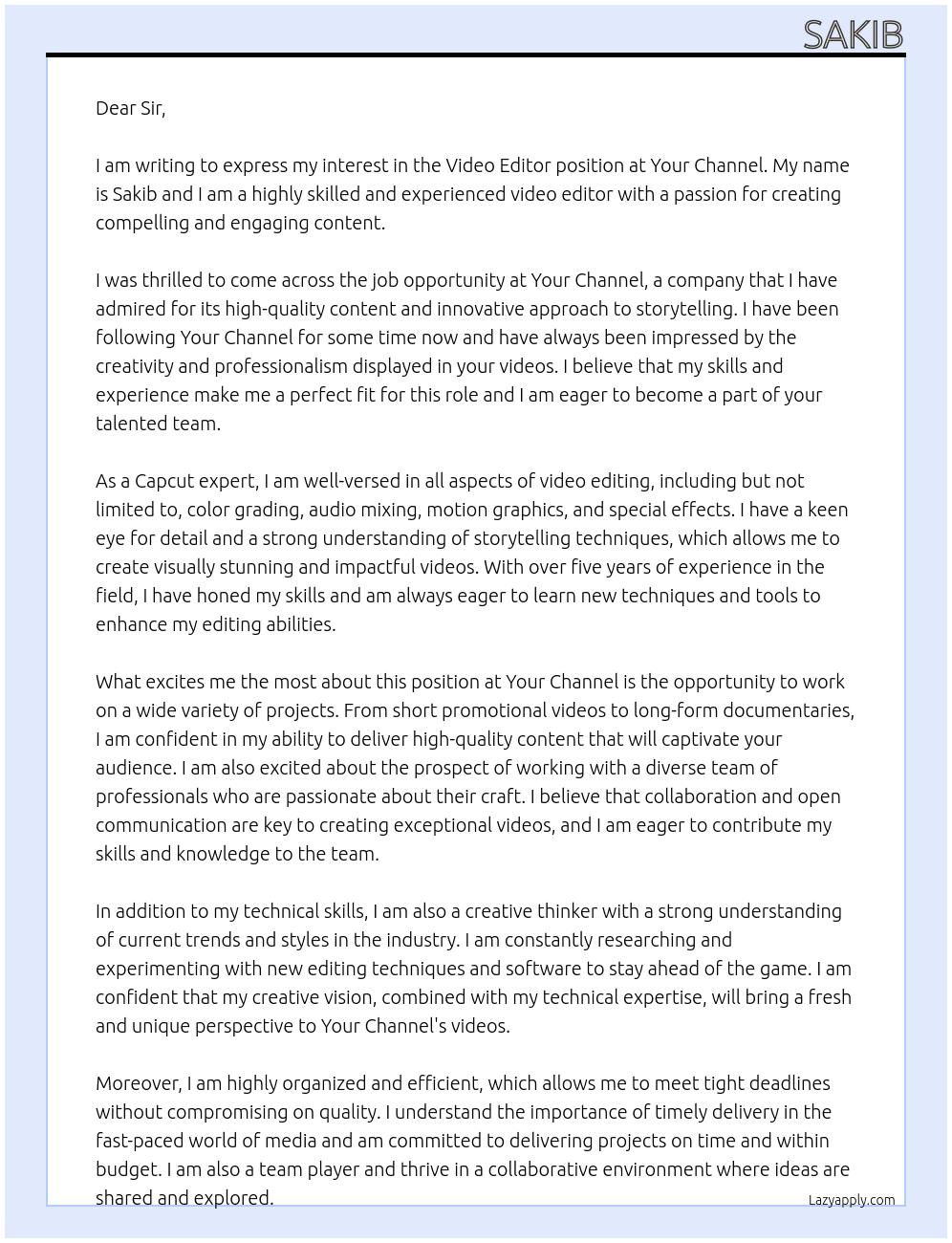 Vedio Editor At Your Chanal Cover Letter