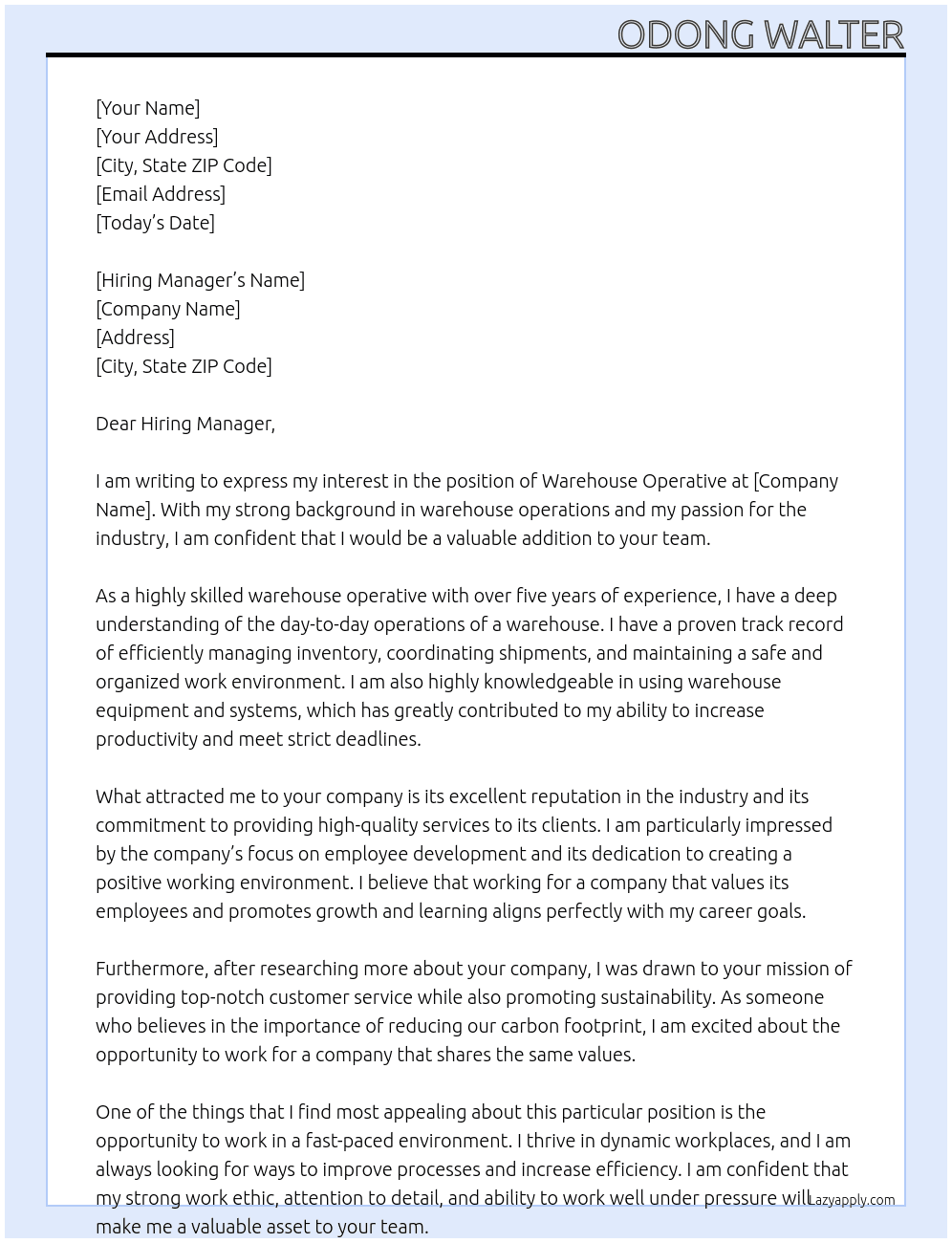 ware house operative At walterodongojok@gmail.com Cover Letter