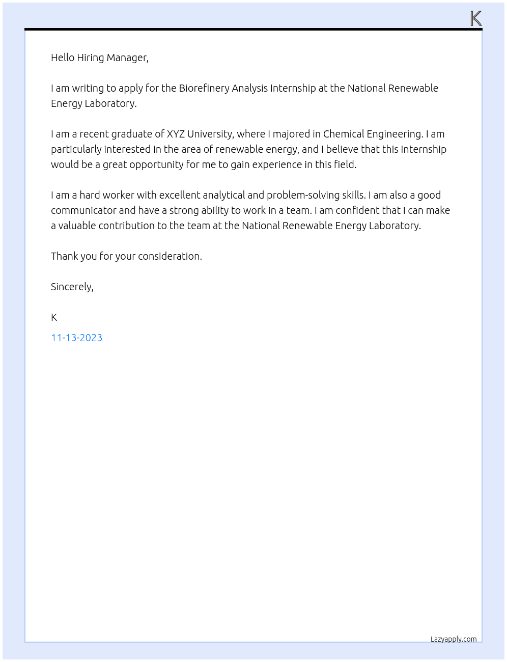 Biorefinery Analysis Internship At National Renewable Energy Laboratory Cover Letter