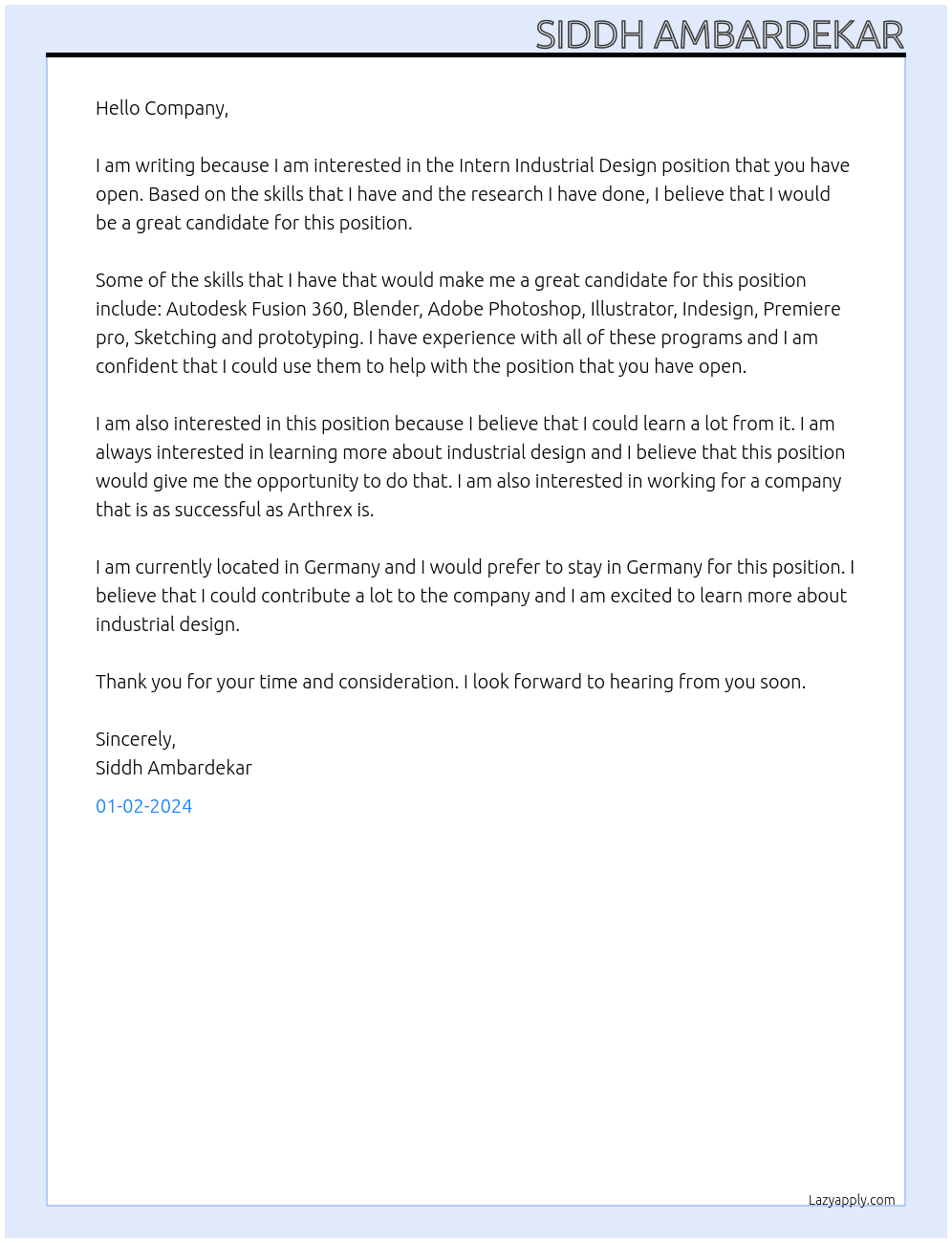 Intern Industrial Design At Arthrex Cover Letter