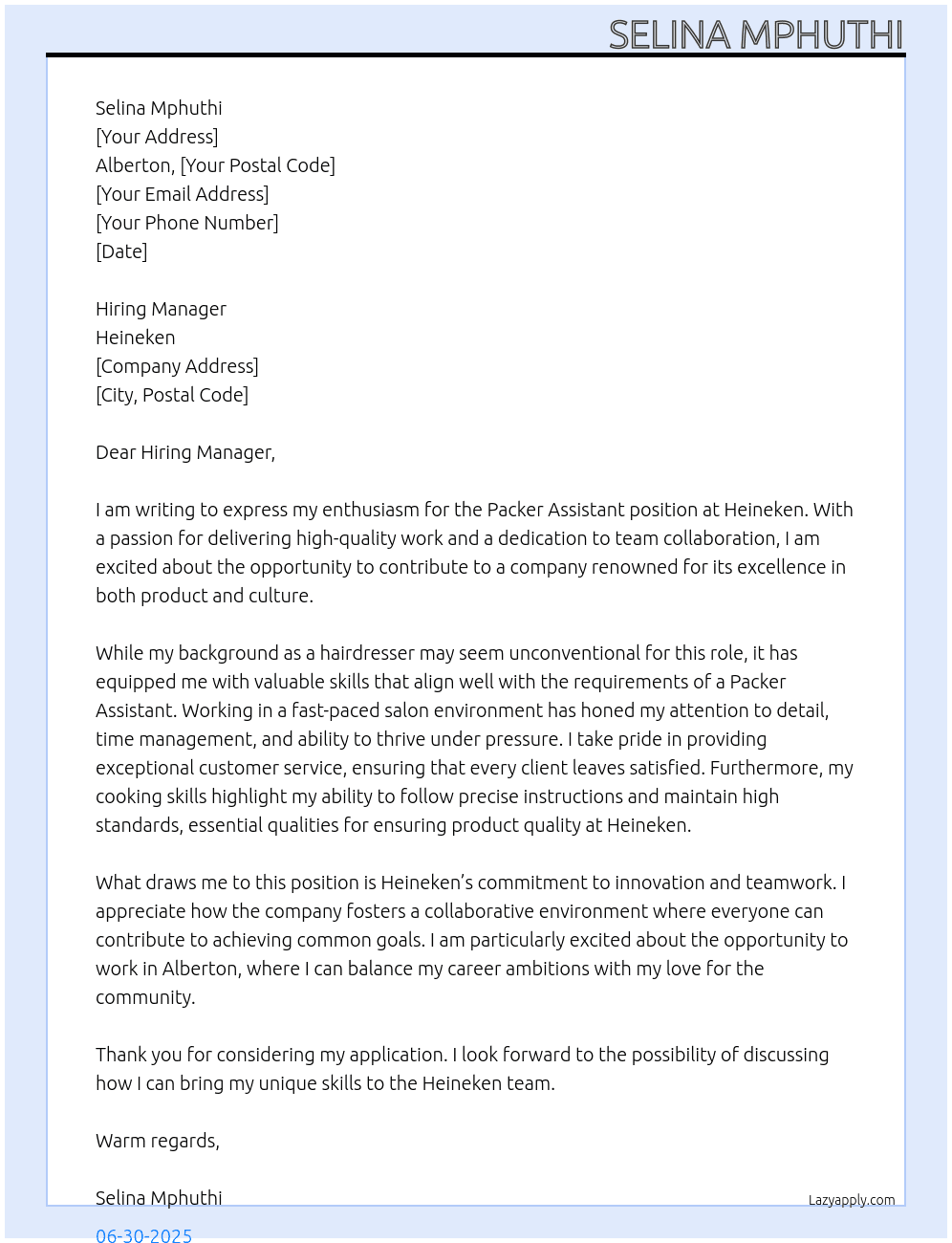 Packer assistant  At Heineken  Cover Letter