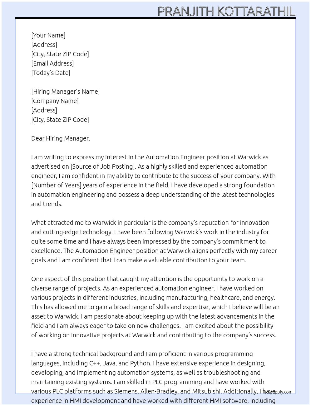 AUTOMATION ENGINEER - AKT ASSOCIATE At Warwick Cover Letter