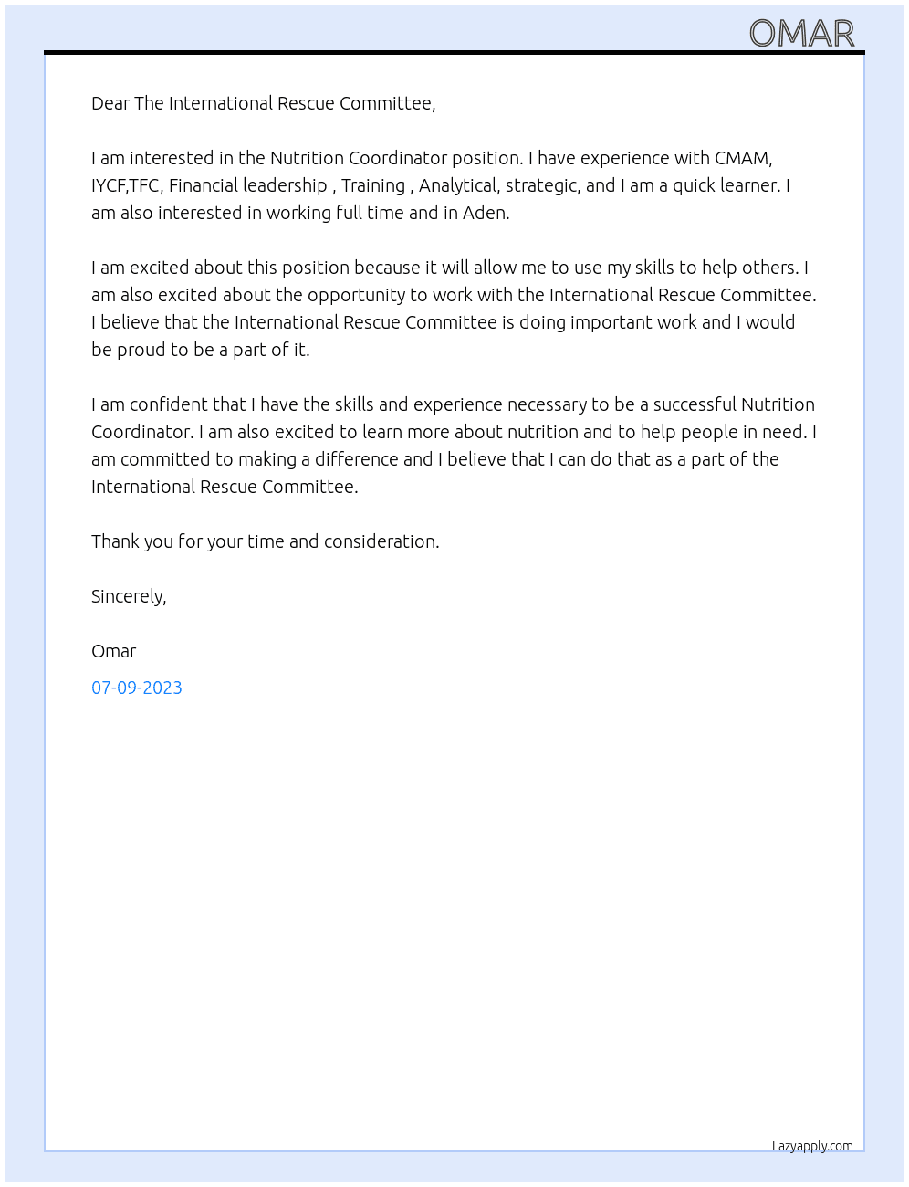 Nutrition Coordinator At The International Rescue Committee  Cover Letter