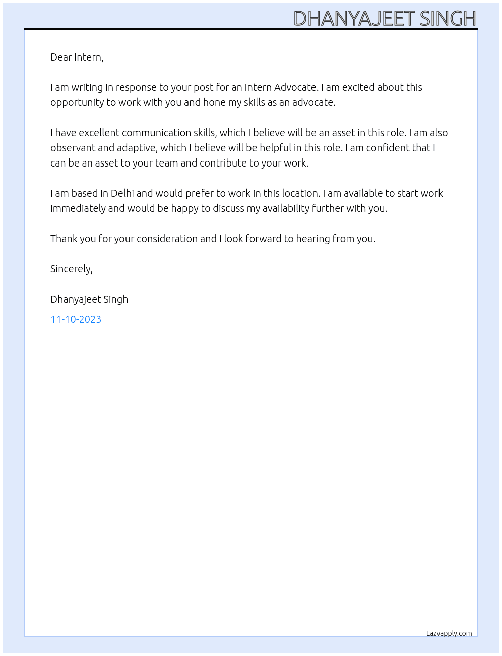Intern advocate At Intern Cover Letter