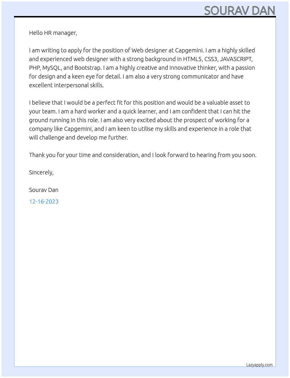 Web designer  At Capgemini  Cover Letter