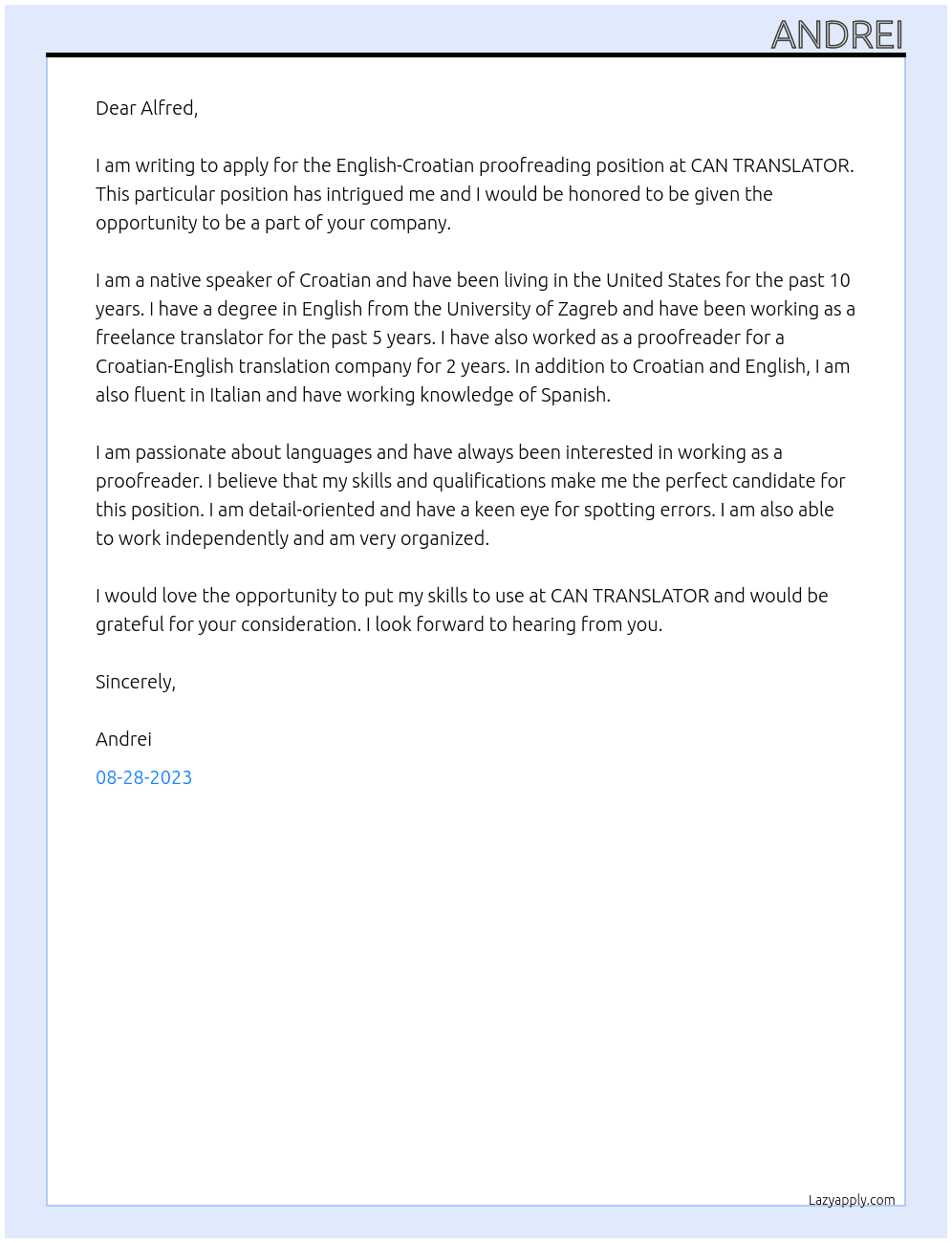 English-Croatian proofreading At CAN TRANSLATOR Cover Letter