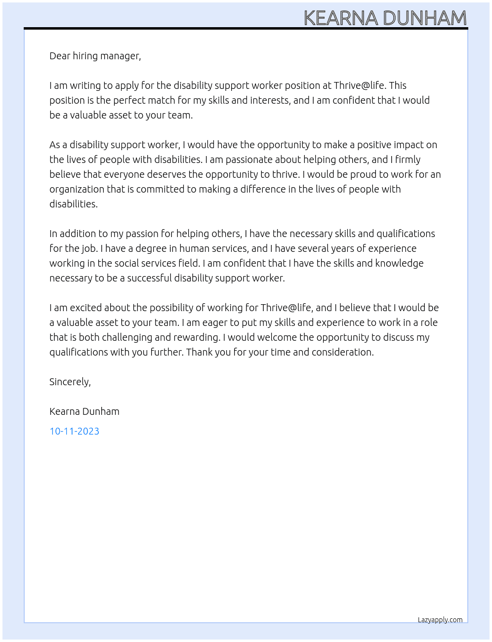 disability support worker  At Thrive@life Cover Letter