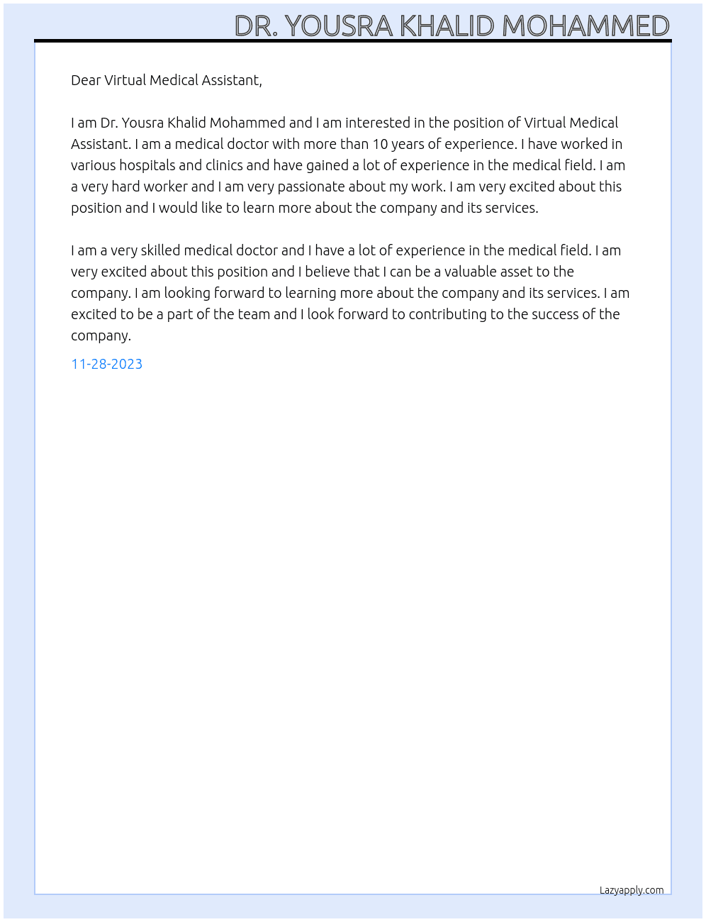 Virtual medical assistant  At Virtual Medical Assistant  Cover Letter