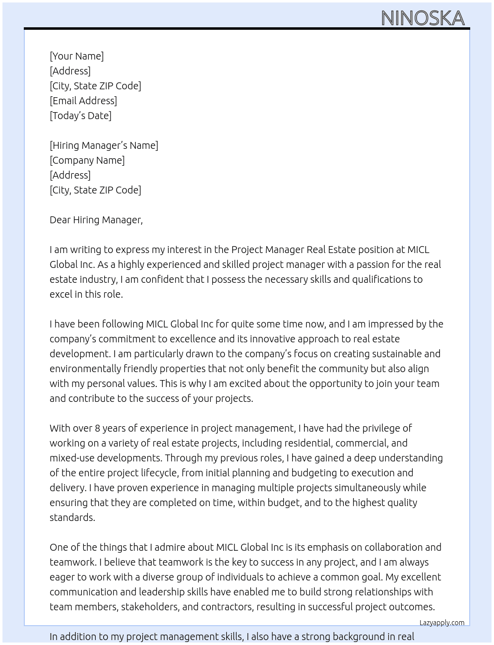 Project Manager Real Estate At MICL Global Inc Cover Letter
