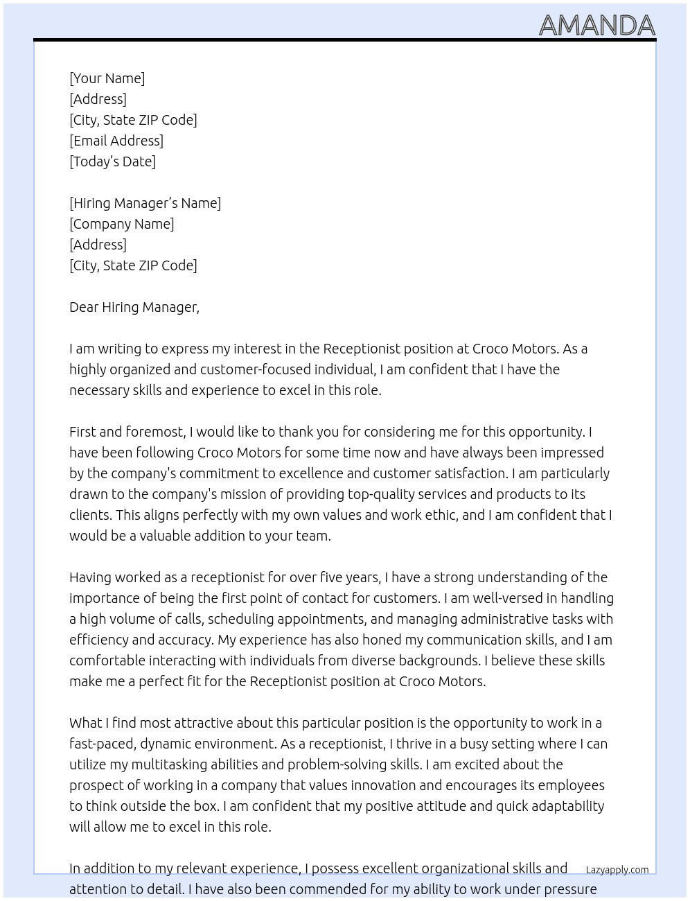 RECEPTIONIST  At CROCO MOTORS  Cover Letter