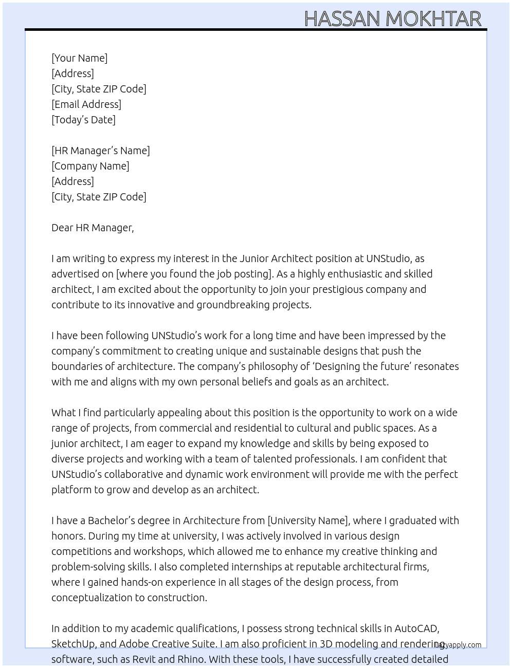 Junior Architect  At UNStudio Cover Letter
