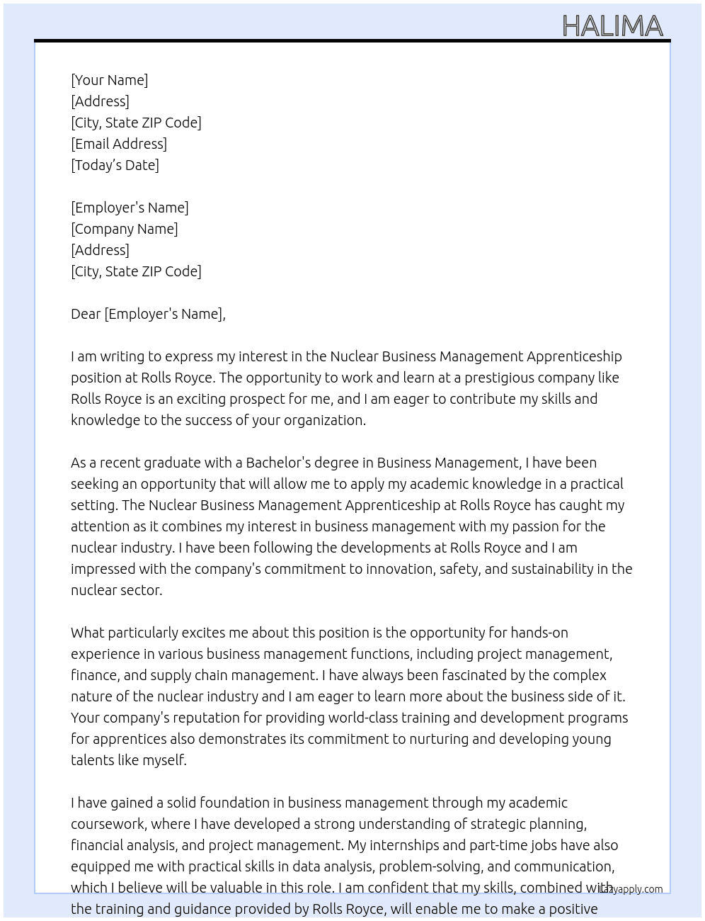 Nuclear Business Management Apprenticeship At Rolls Royce  Cover Letter