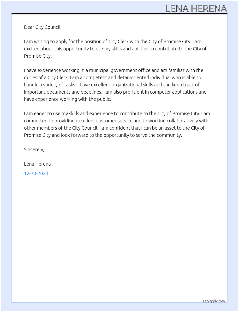 City Clerk At City of Promise City Cover Letter